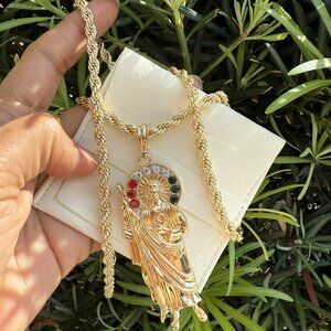 St Jude Thaddeus Pendant Necklace 14K Gold Plated Religious Rope Torch 20x4mm